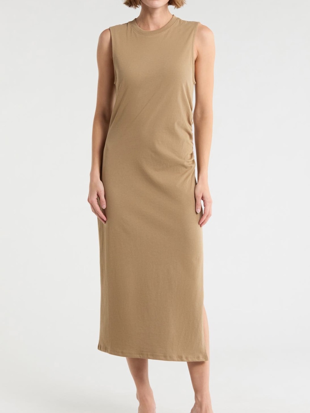 PAIGE Sleeveless fall Midi Tank Dress in Camel layering midi ruched 100% cotton